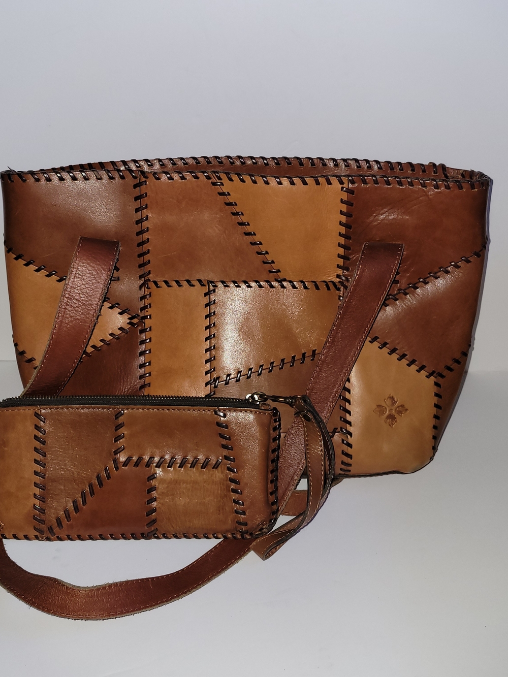 Patricia Nash Two-Tone Patchwork Leather Tote in Brown and Tan